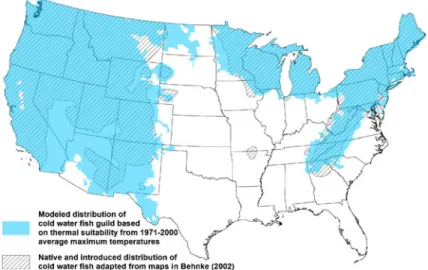 Fig. 3 Comparison between the distribution of native and introduced coldwater fisheries adapted from Behnke (2002) and modeled results of current coldwater fish guild based on thermal suitability