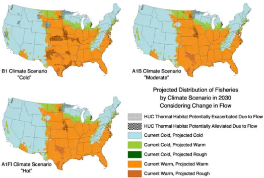 Fig. 11 Projected change in distribution of fisheries over HUC-8 ’ s contributing watershed by 2030 for B1, A1B, and A1FI climate scenarios considering change in flow