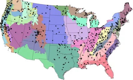 Fig. 2 Stream gauges and ecoregions (based on modification of WWF ecoregions) used in the analysis