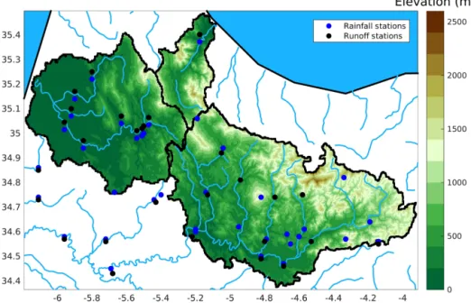 Figure 4. Mapping of the elevation and the position of gauge stations in the Oued Laou, Loukkos and Mjara watersheds.