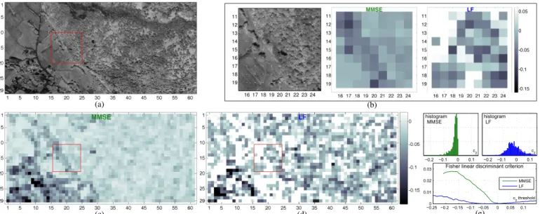 Fig. 5. Band #20 of a hyperspectral datacube (a); estimates of c 2 for overlapping 64 × 64 pixel patches obtained by MMSE (c) and LF (d); zooms on the patches indicated by a red frame (b); the centers of the image patches are indicated by white dots in the