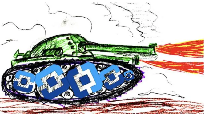 Figure 2: A tank with logos of RKN. Published on 6 April 2018,  at https://roskomsvoboda.org/37807/