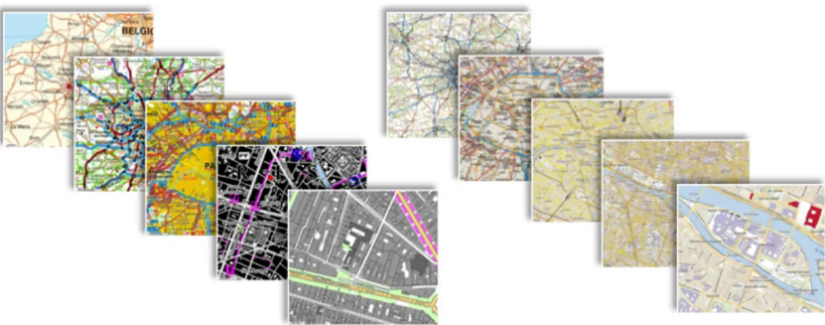 Figure 3: Two multi-scale maps (source: IGN France), one with inconsistent styles across scales (on the left), and one with a consistent multi-scale style (on the right).