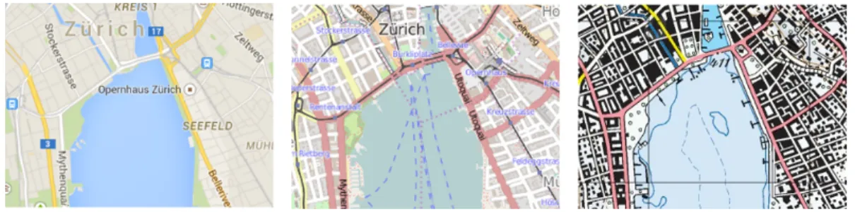 Figure 4: Three multi-scale maps at the same zoom level (respectively GoogleMaps, OSM, Swisstopo), on the same region: there is no consensus on the content (theme, abstraction, granularity) of a topographic map.