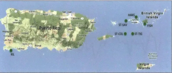 Figure 9.  Location of core sites in  the Eastern  Caribbean.  HANS  is the only location  located  on the Northern  site of the island.