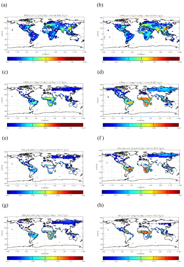 Fig. 1. Global distribution of annual emissions of fossil fuel (a) BC and (b) OC as well as biomass burning (c) BC and (d) OC