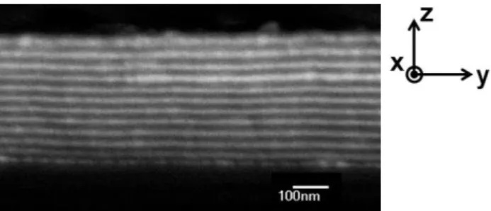 Figure 1.  Backscattering scanning electron microscopy side-view image (SEM) of  a 370 nm-thick film of alternating layers of poly(styrene) (PS, appearing black) and  Au  nanoparticles:P 2 VP  nanocomposite  (NC,  appearing  white)