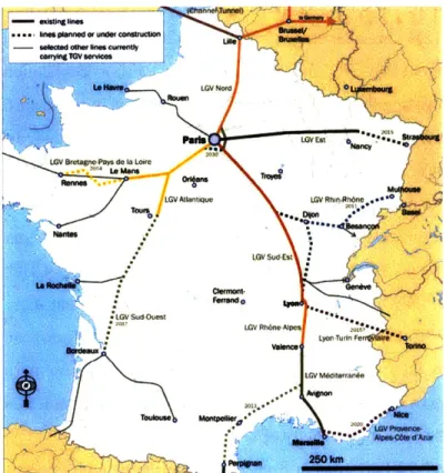 Figure 4.4 Map  of TGV lines  (source: Wikipedia,  2011)