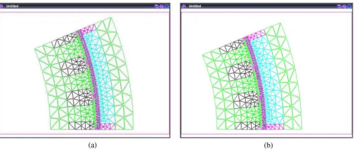 Fig. 1. Meshes of the two solutions corresponding to the minimization of the multicriteria in Table II, displayed in the same zoom box
