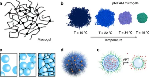 Fig. 1 Polymer microgel morphology, swelling, packing, and functionality. a Sketch of a macroscopic polymer gel with a statistically homogeneous distribution of permanent or reversible cross-links