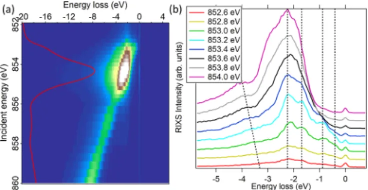 FIG. 2. (a) RIXS map as a function of incident photon energy, measured at the Ni L 3 edge with σ -polarized incident light at 30 K and in near-specular geometry (Q  = 0 