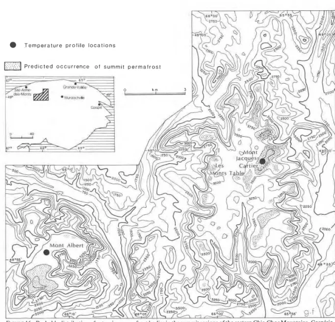 FIGURE  16.  Probable distribution of extensive permafrost bodies in the summit regions of the eastern Chic-Choc Mountains, GaspCsie
