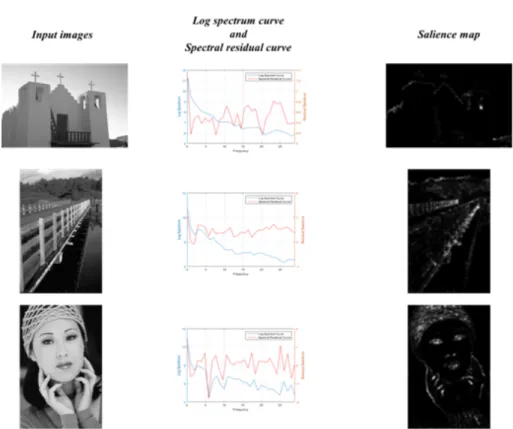 Fig. 1 Saliency map construction. The first column shows the original images. The second column shows the log spectrum (blue solid line) and the spectrum residual (red solid line) of the corresponding image