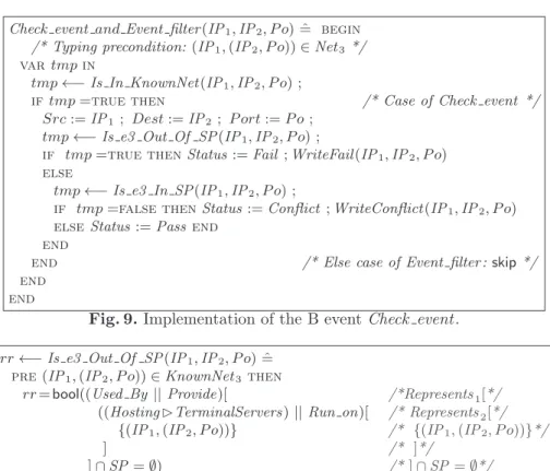 Fig. 9. Implementation of the B event Check event . rr ←− Is e3 Out Of SP(IP 1 , IP 2 , P o) ˆ =