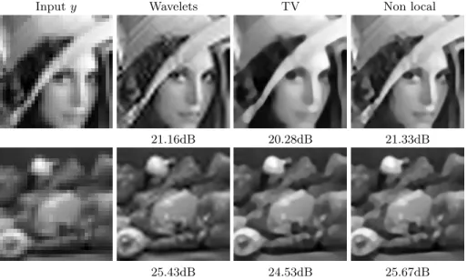 Fig. 2. Examples of image super-resolution with a down-sampling k = 8. The original images f are displayed on the left of figure ??.