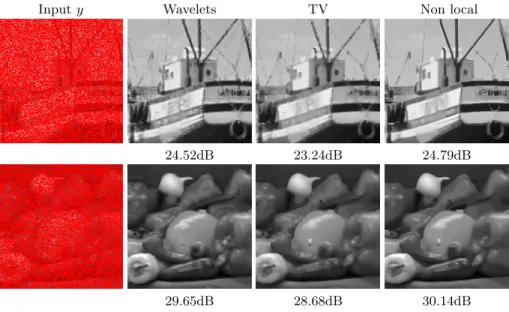 Fig. 1. Examples of inpainting where Ω occupates 80% of pixels. The original images f are displayed on the left of figure ??.