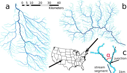 Figure 1. Illustrative examples of drainage networks in (a) arid and (b) humid climates
