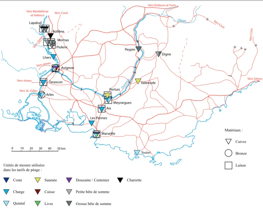 Fig. 6 - Carte des péages provençaux mentionnant le cuivre et ses alliages.