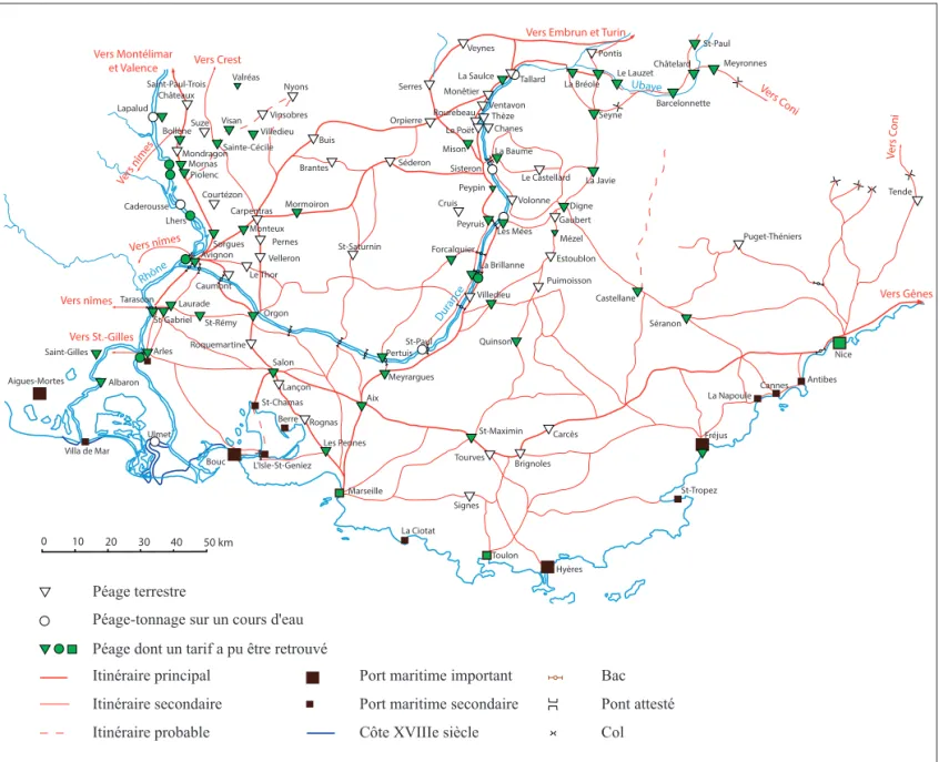 Fig. 1 - Carte des péages provençaux. (d’après Baratier, Ruby, Hildesheimer 1969, carte 86)