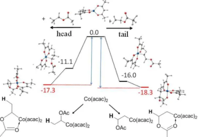 Figure 9. Energy profile (relative H values in kcal/mol) and views of the optimized geometries for  the trapping of head and tail PVAc model radicals CH 3 CH(OAc) •  and  • CH 2 CH 2 (OAc) [69]