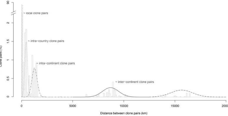 Fig 6. Kilometric distances between wine clones of B. bruxellensis. For each clone pairs, the separating distance was calculated