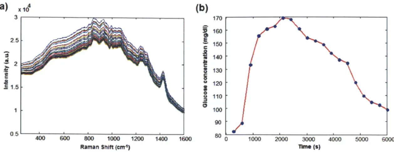 Figure  3-6:  Raman  spectra  and  glucose  profile  during  OGTT.  (a)  Representative Raman  spectra  acquired  from  a  human  volunteer  during  OGTT