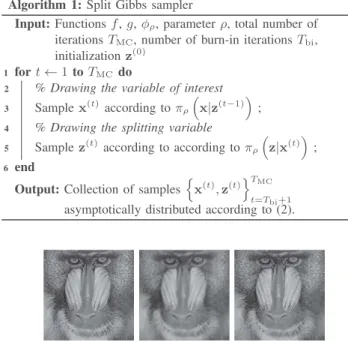 Fig. 1. Image deblurring with TV prior. (left) Original image, (middle) noisy and blurred image and (right) MMSE estimate computed with Algorithm 1.