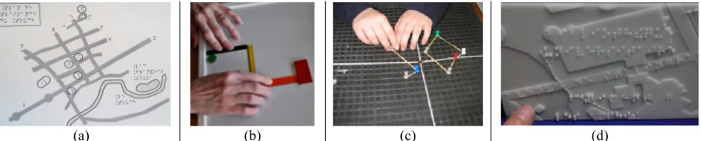 Figure 1. a) Une carte tactile en relief (technique du thermogonflage) avec des abréviations en Braille