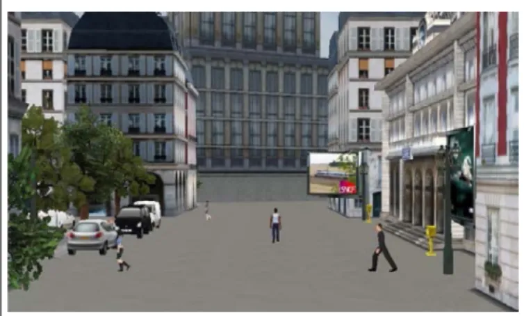 FIGURE 1 | The virtual town: a view on a pedestrian path with some people walking, buildings, and street furniture.