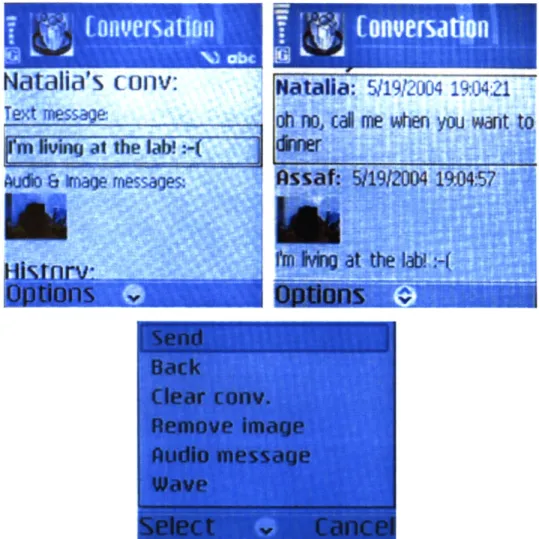 Figure  2-7:  The Chat Screen  is  similar to a traditional fixed-Internet  IM  chat  window, but  it  has  been  optimized  for  the  limited  mobile  device  display  and  augmented  to support  multi-media  messaging.
