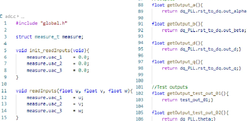 Abbildung 37: Ausschnitte vom C-Code: rechts: Funktionen um die Ausgangsparameter auszugeben, links: Init-Funktion und Funktion um  die Eingangsparameter zu lesen