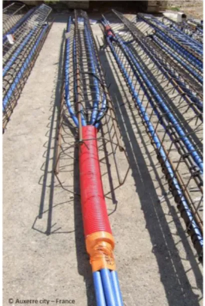 Figure 1: Example of a pile heat exchanger (PHE) before installation in ground (with the courtesy of Auxerre city – France)  The thermo-mechanical behaviour of energy geostructures has been and is still extensively studied (Suryatriyastuti et al., 2012, Di