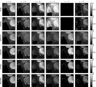 Fig. 10. Vegetation abundance map recovered by the different meth- meth-ods (in each row) at each time instant (given in column) for the experiment on the Mud lake data set (the different rows correspond to VCA/FCLS, SISAL/FCLS, DSPLR [5], DAVIS [21], SYNC