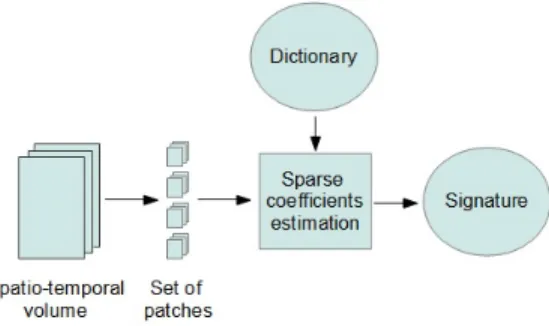 Figure 3: The spatio-temporal volume is decomposed into an overlapping set of patches p which are also decomposed into a set of coefficients α k using the learned dictionary D