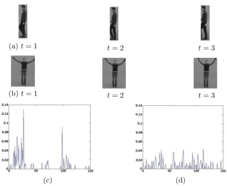 Figure 4: Two examples of spatio-temporal volumes containing human actions and the corresponding histogram (signature) computed with a dictionary of N atoms = 150 trained with the KTH database: the spatio-temporal volume (a) gives the signature (c) of a wa