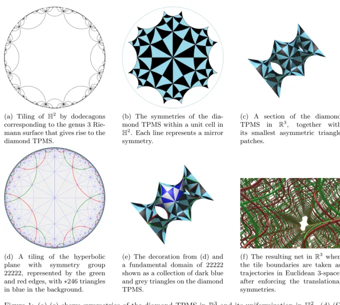 Figure 1: (a)-(c) shows symmetries of the diamond TPMS in R 3 and its uniformization in H 2 