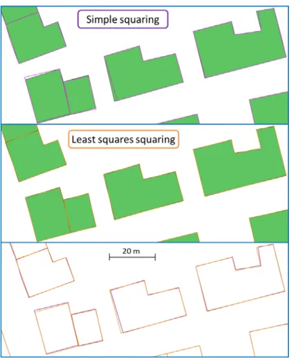 Figure 8: Extract of squared buildings with simple shapes from Würzburg area, initial shapes in green.