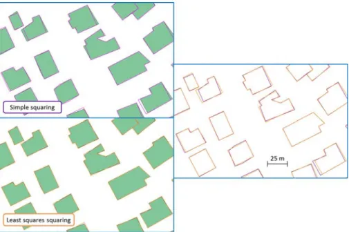 Figure 10: Extract of squared buildings with simple shapes from IGN reference dataset, initial shapes in green.