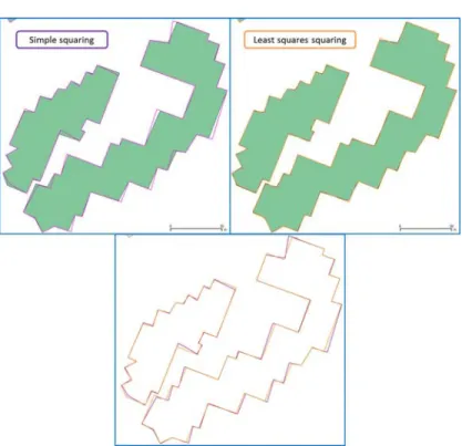 Figure 11: Extract of squared buildings with more complex shapes from IGN reference dataset, initial shapes in green.