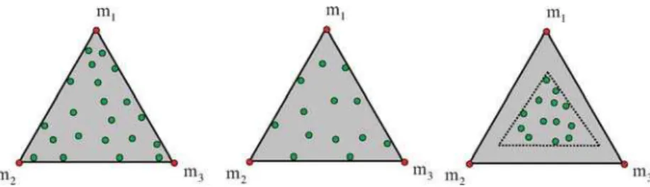 Fig. 6. Illustration of the concept of simplex of minimum volume containing the data for three data sets