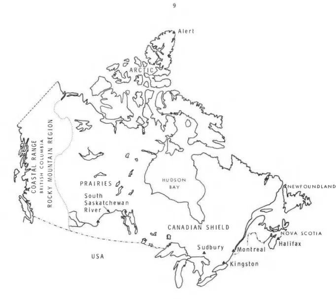 FIGURE  13  :  Map of Canada showing locations across the country where alkali expansive aggregates have been  identified  (expansive aggregates shown by a triangle  A  ) 