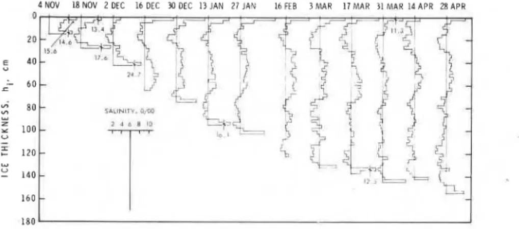 Fig. 6.  Salinity profile  in ice o f  Ecla$se  Sound  at intervals of  two weeks during winter of rg77-78