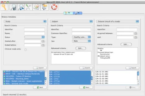 Figure 2. User interface of the client application: selection criteria can be defined; the selected entities,  e.g