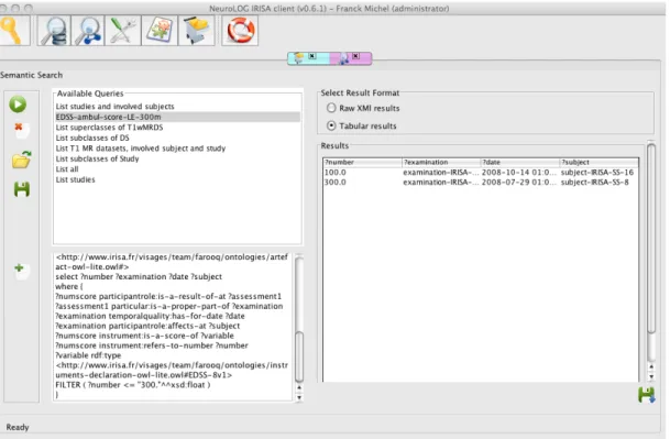 Figure 3. Example of semantic query: the left part of the window shows the SPARQL query entered by  the user, and the right part shows in tabular form the response to this query