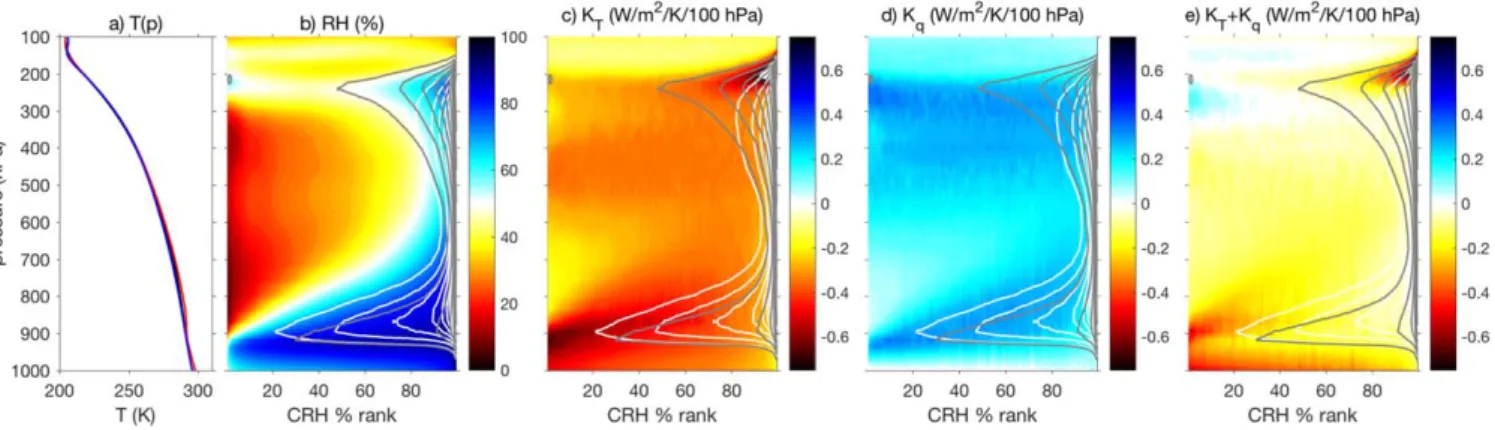 Figure B1. Radiative kernel for T S 5 300 K simulation in long-channel geometry. Proﬁles are binned by column relative humidity, H5^ q= q ^  ; (a) the domain-average temperature proﬁle in black, the driest-bin proﬁle in red, and the moistest-bin proﬁle in 