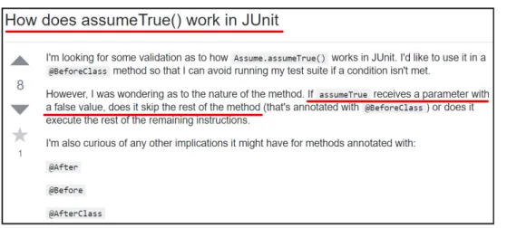 Figure 3.1. An example SO question related to the usage of Assume.assumeTrue(boolean) , a junit method with a LA because of an antonym in the documentation