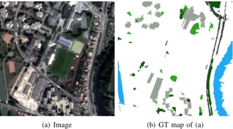Fig. 4. (a) Satellite image at a spatial resolution of 60 cm. (b) GT map with reference segments belonging to 5 (coloured) semantic classes.