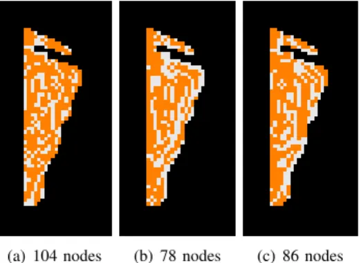 Fig. 6. Maximal pure nodes of the subtrees, in orange, with respect to the GT example G 12 , extracted from the BPTs obtained by using the initial partitions L 1 : (a) for BP T std ; (b) for BP T ndvi ; (c) for BP T ndwi .