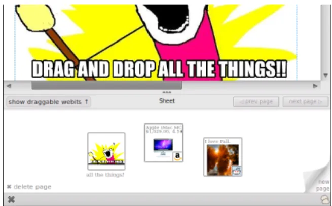 Figure 1. Clui appears as a pane in the browser and is shown here hold- hold-ing several Webits, visual handles to objects on the web.