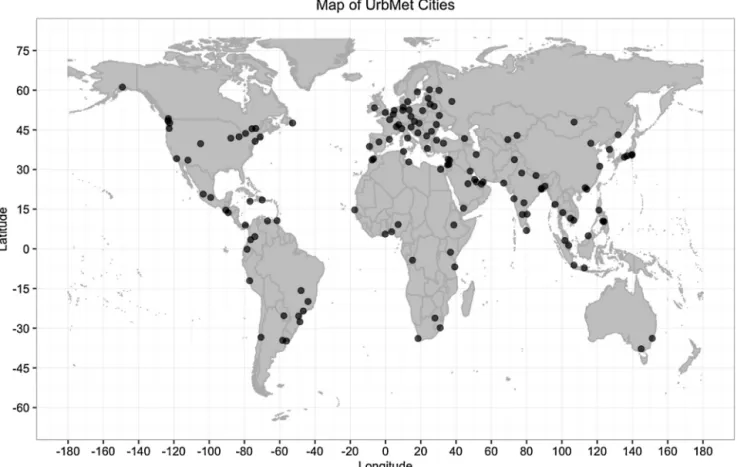 Fig. 1. World map of the 142 cities in the UrbMet database.
